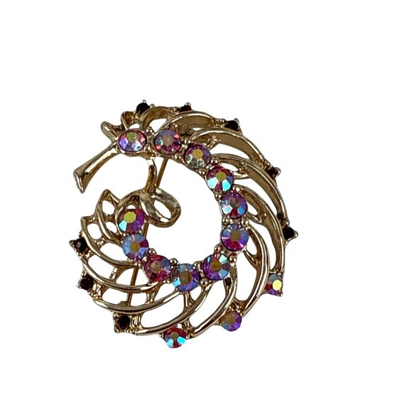 Vintage Gold Swirl Brooch AB Rhinestones Round Aurora Borealis Pin 1.75" - Picture 5 of 8